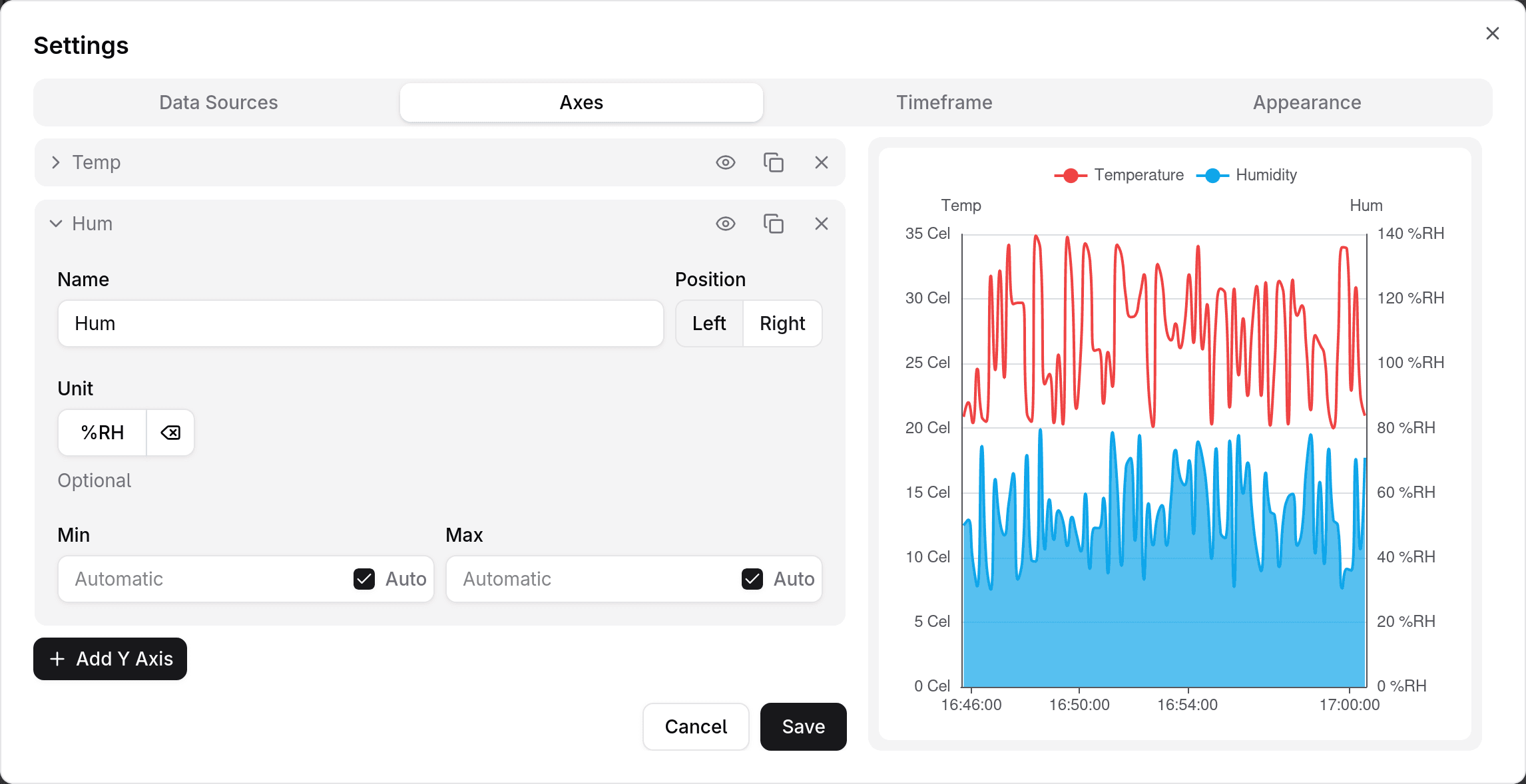 Axes tab with two example axes