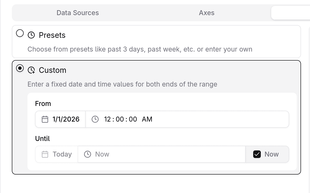 Timeframe settings — custom option with fixed start date (from 1/1/2026, 12AM) and live end date (until "Now")
