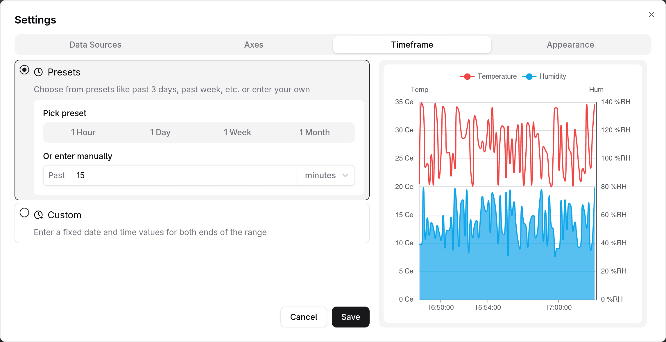 Timeframe settings — presets option with custom start date (15 minutes)