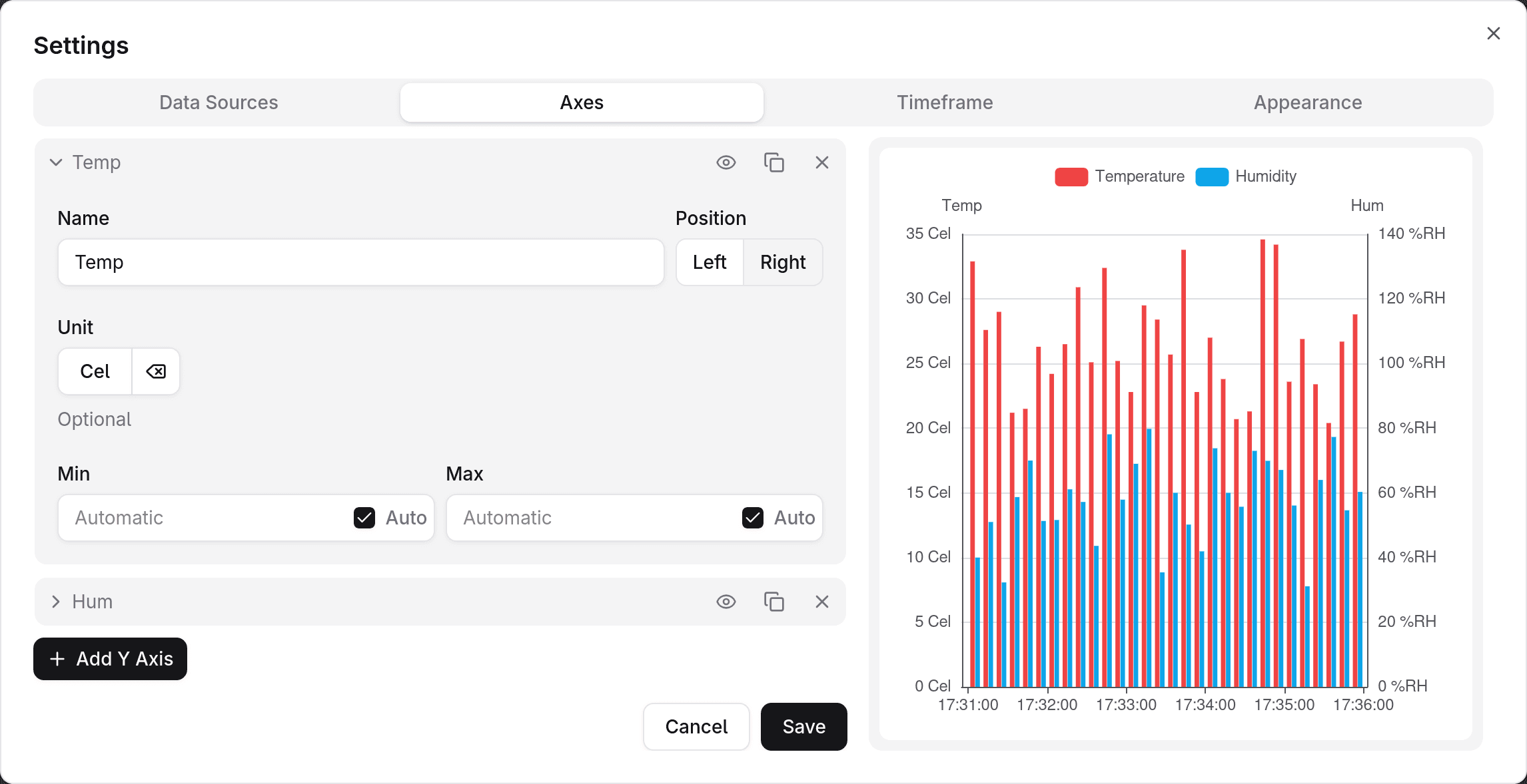 Axes tab with two example axes