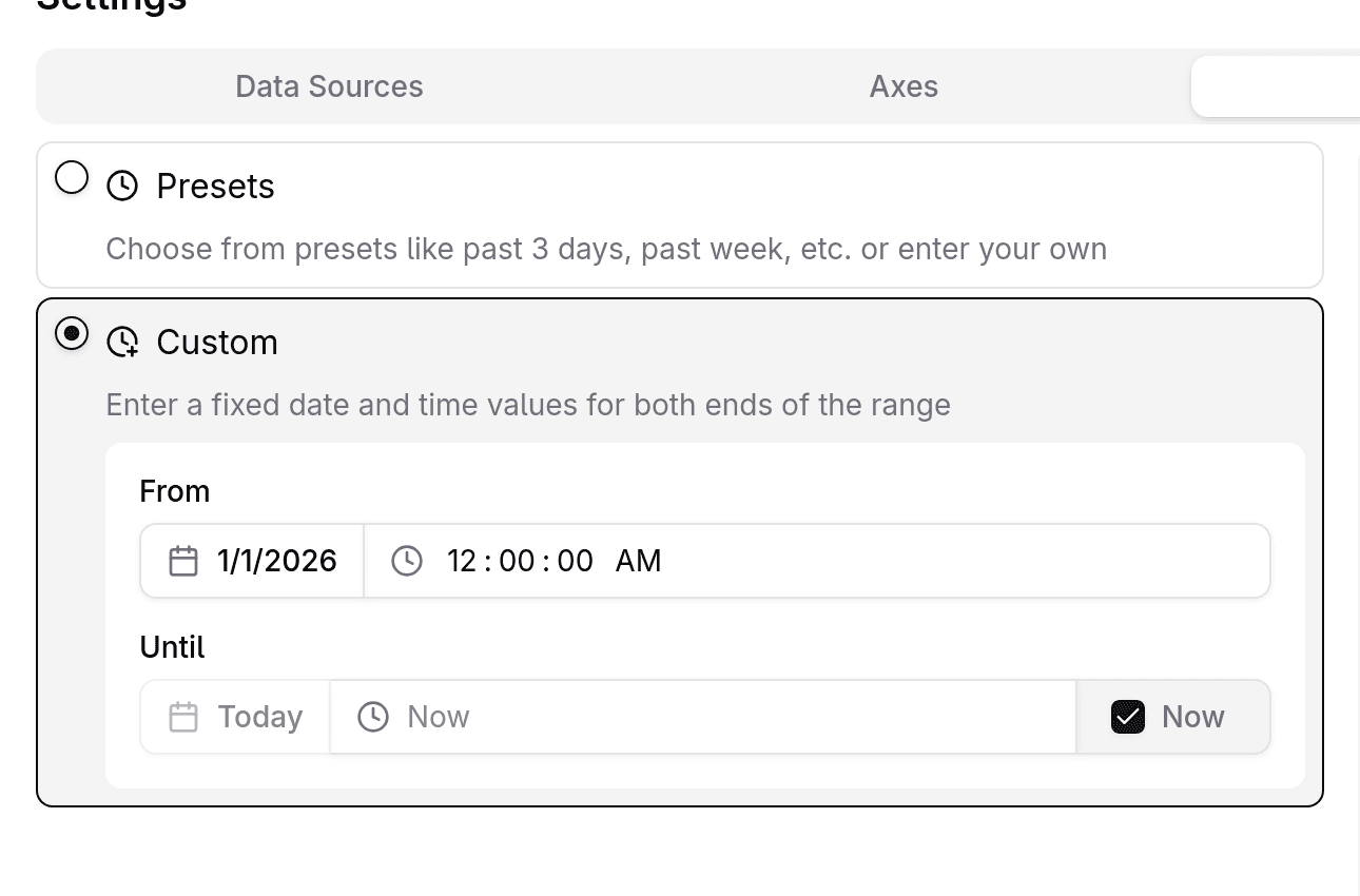 Timeframe settings — custom option with fixed start date (from 1/1/2026, 12AM) and live end date (until "Now")