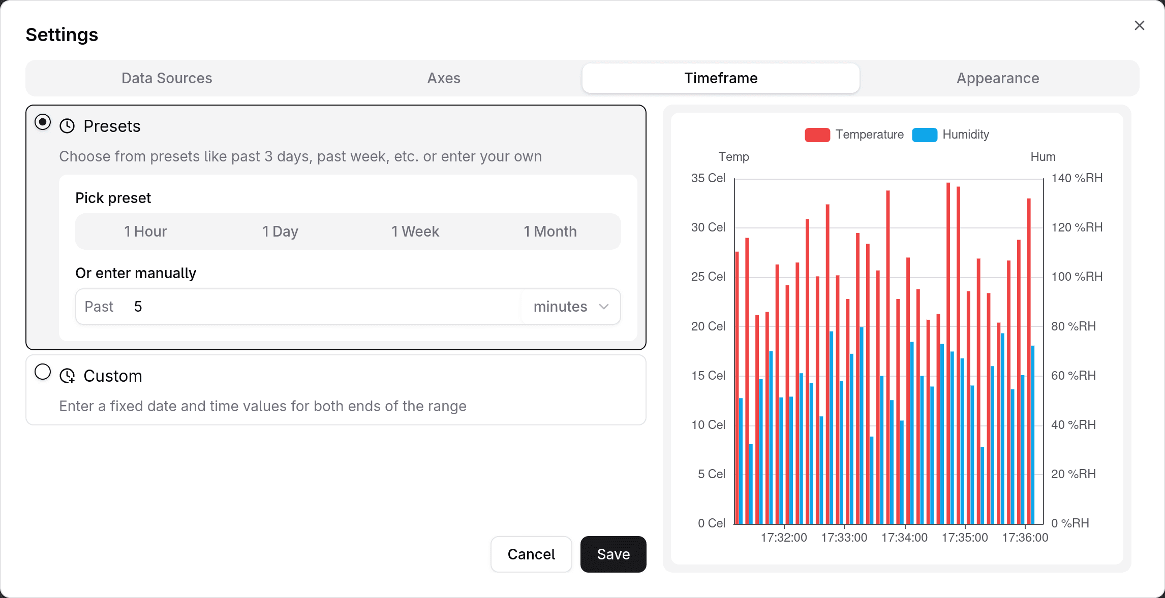 Timeframe settings — presets option with custom start date (15 minutes)