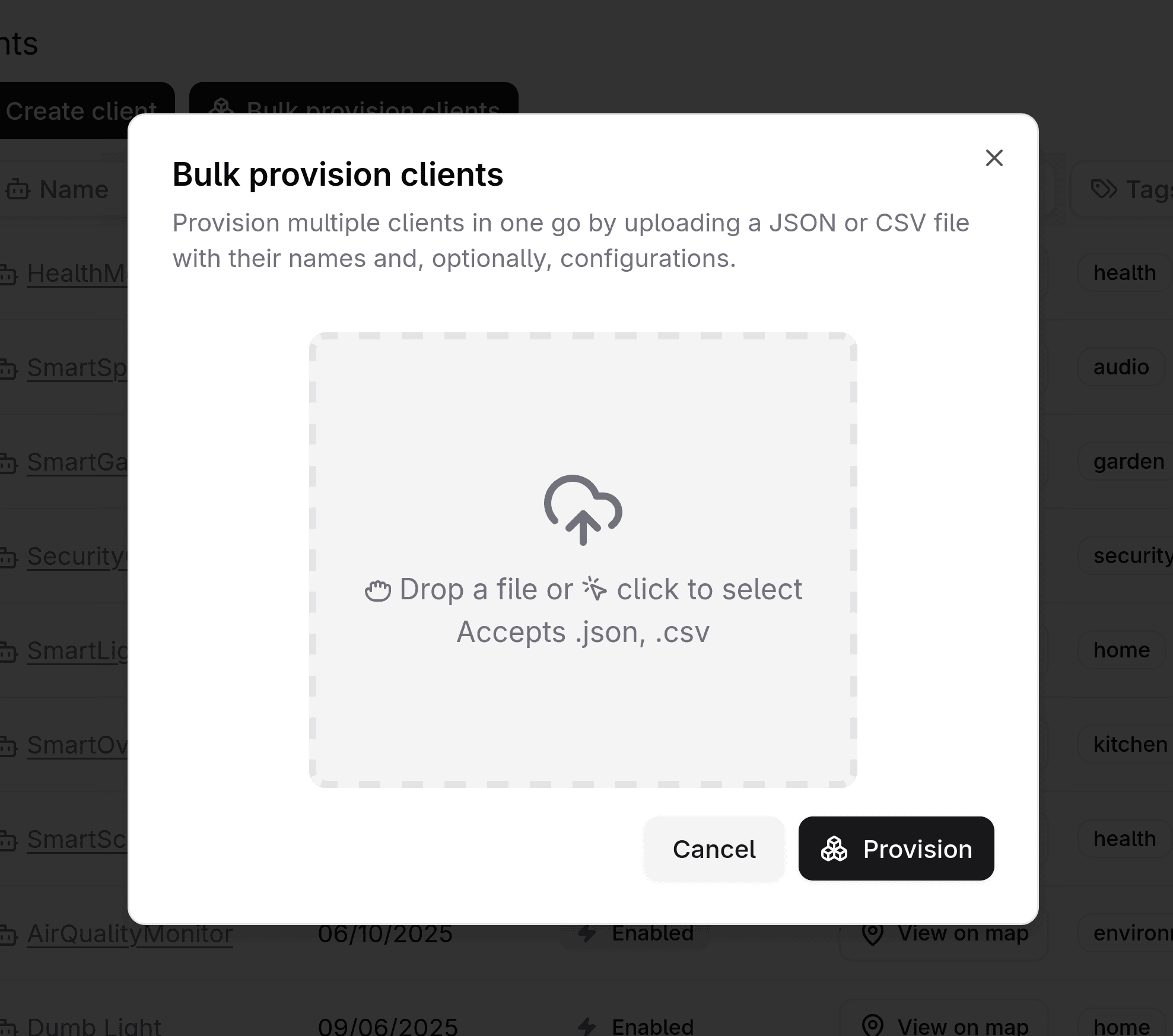 Bulk provision devices dialog