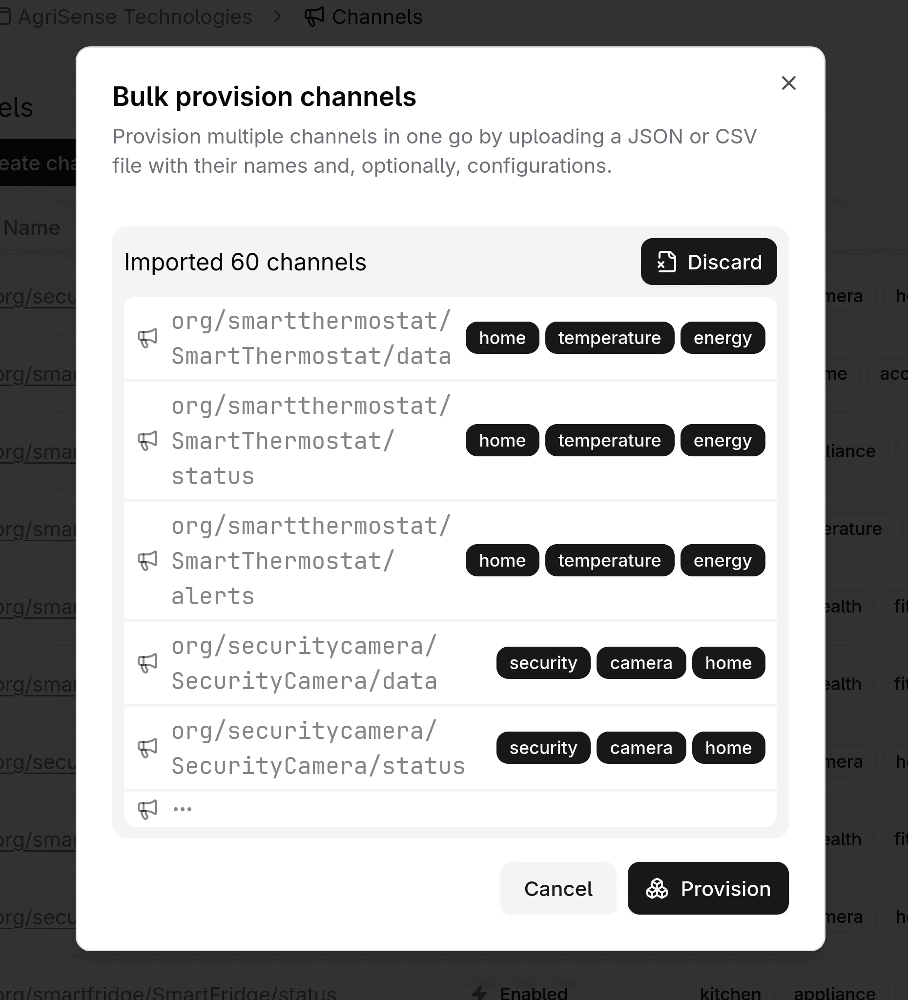 Bulk provision channels dialog with imported data.