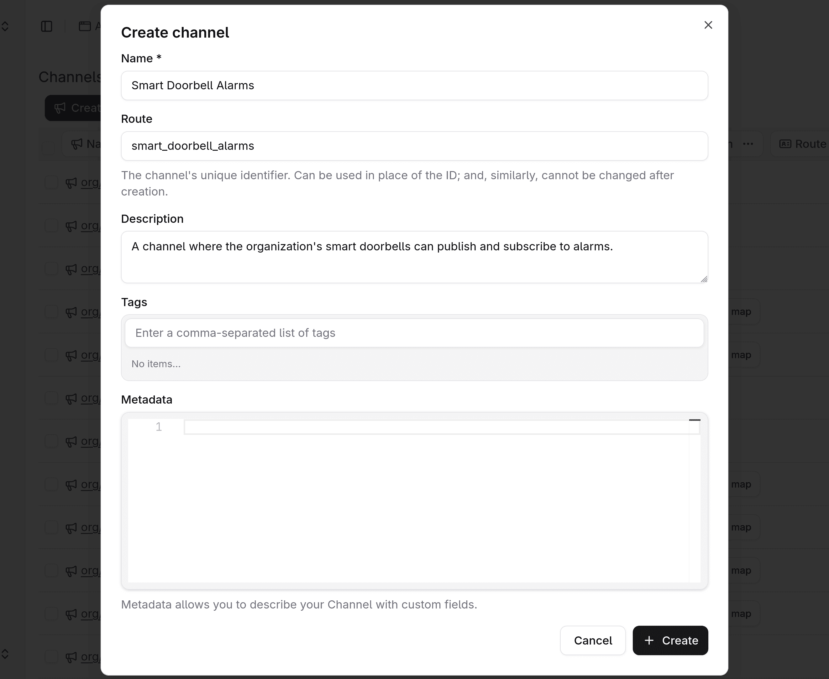Create channel dialog.