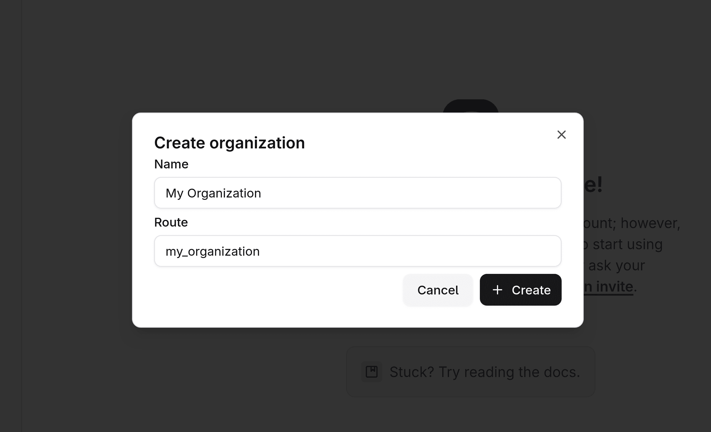 Dialog for creating an organization.
