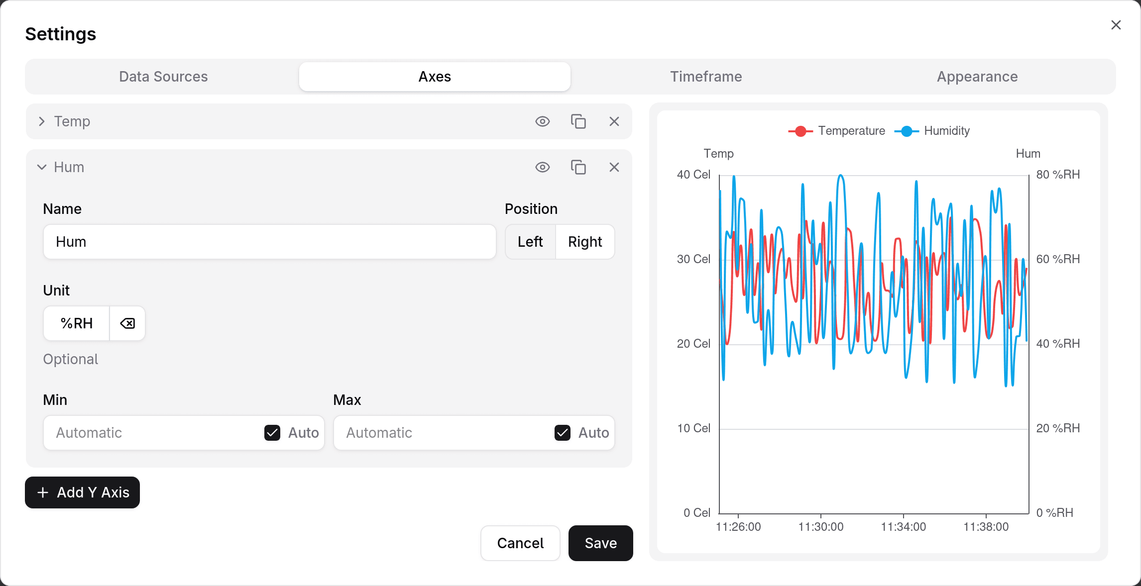 Axes tab with two example axes
