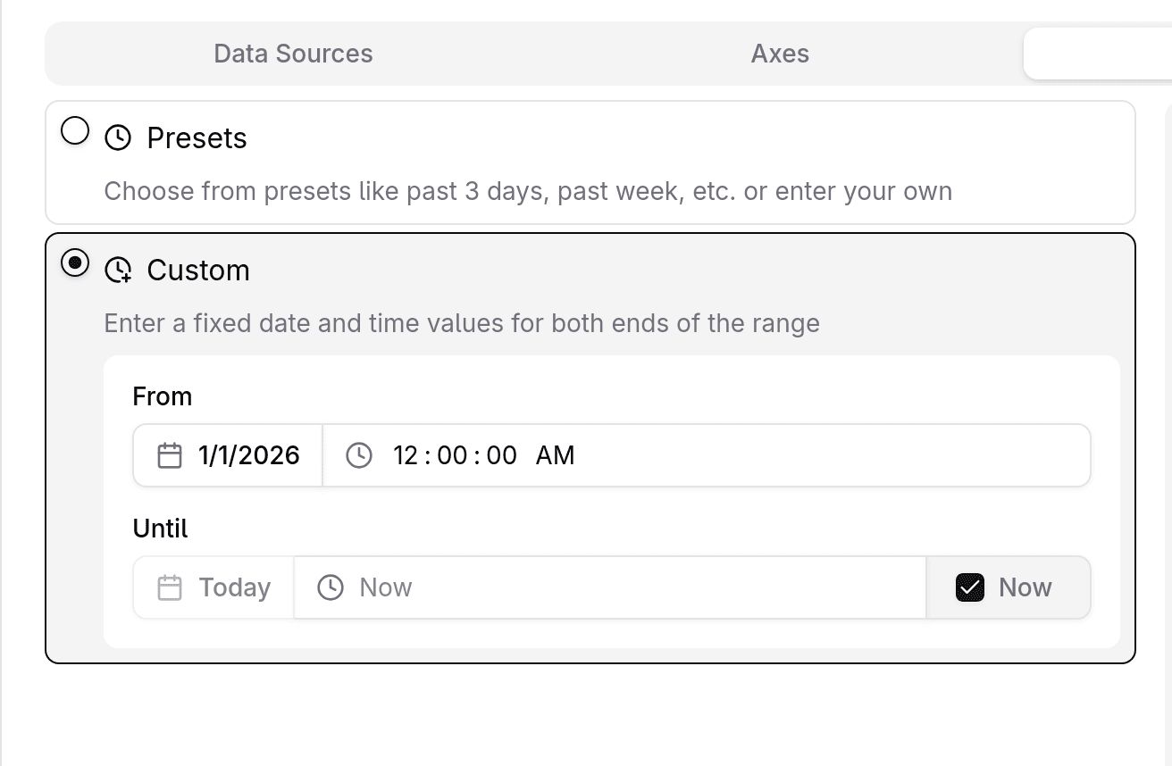 Timeframe settings — custom option with fixed start date (from 1/1/2026, 12AM) and live end date (until "Now")