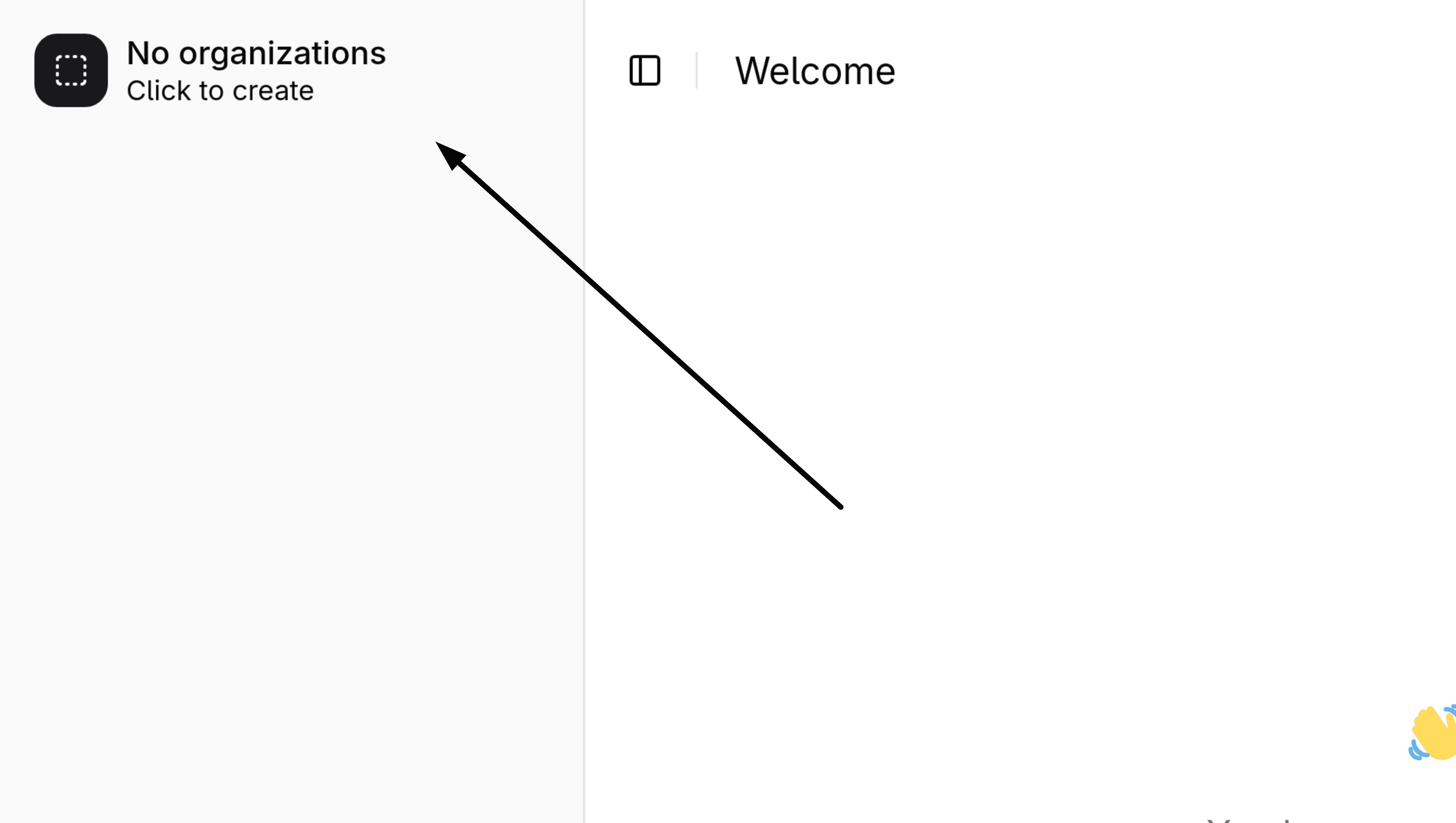 Organization switcher when there are no organizations.