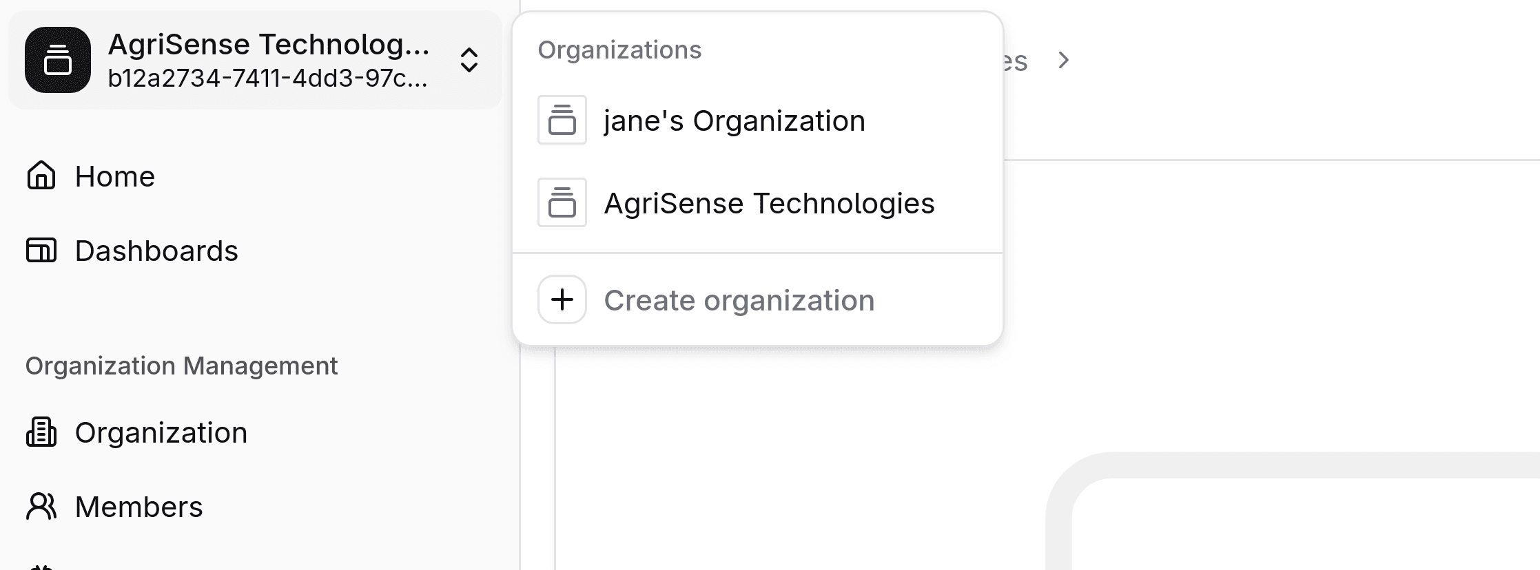 The organization switcher found in the sidebar.
