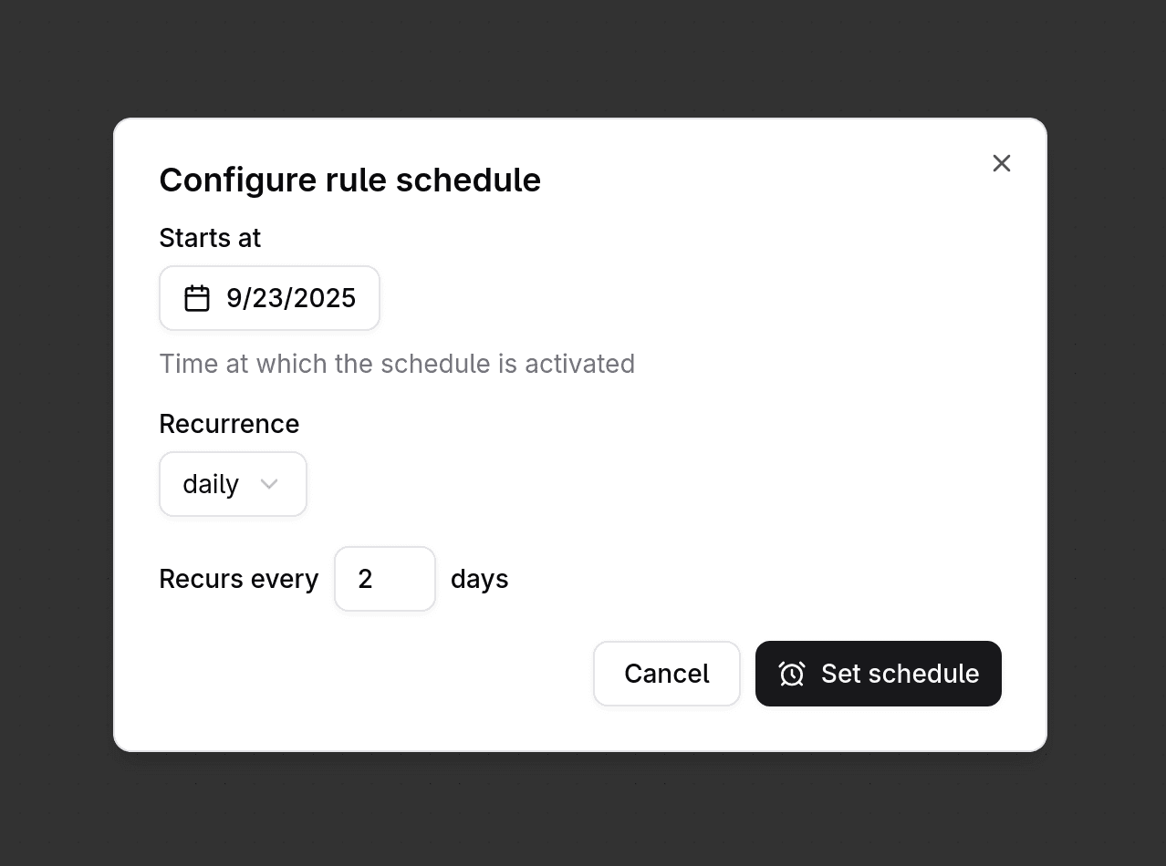 Rule schedule configuation dialog